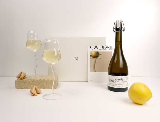 Bottle of white wine, two glasses with wine, a lemon, and a magazine on a white surface.