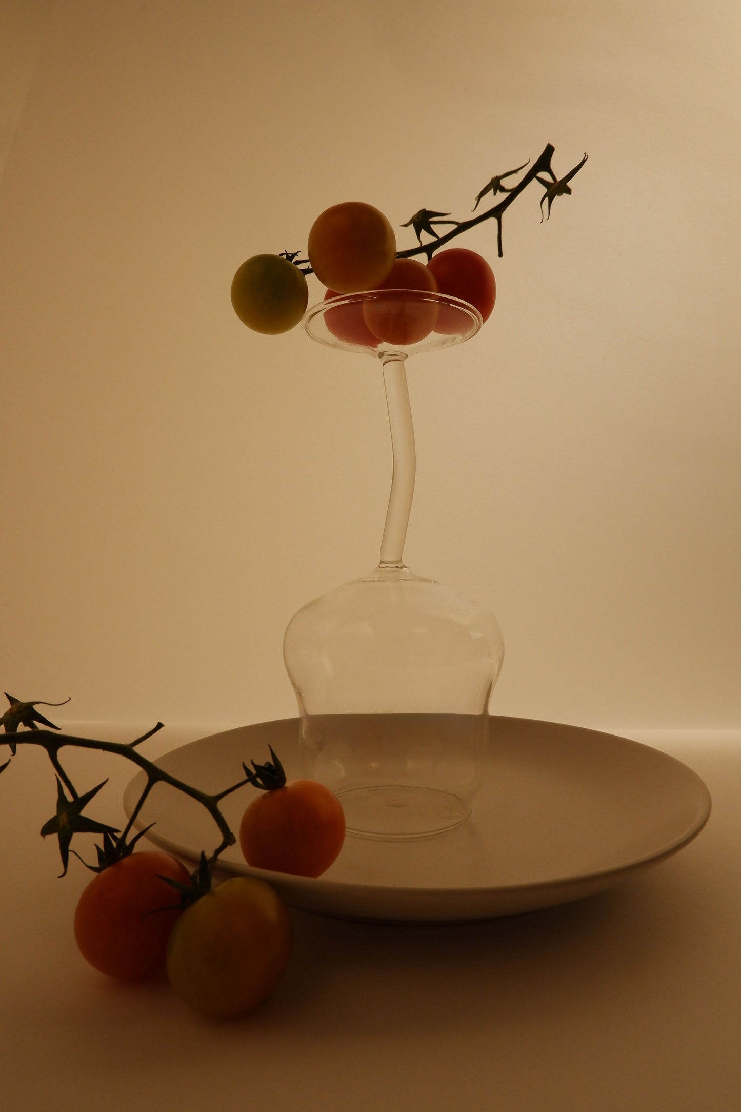 Upside down glass on a white plate with cherry tomatoes and branches against a plain background