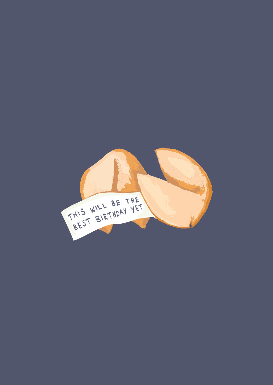 Fortune cookie birthday card illustration. colour = blue. 