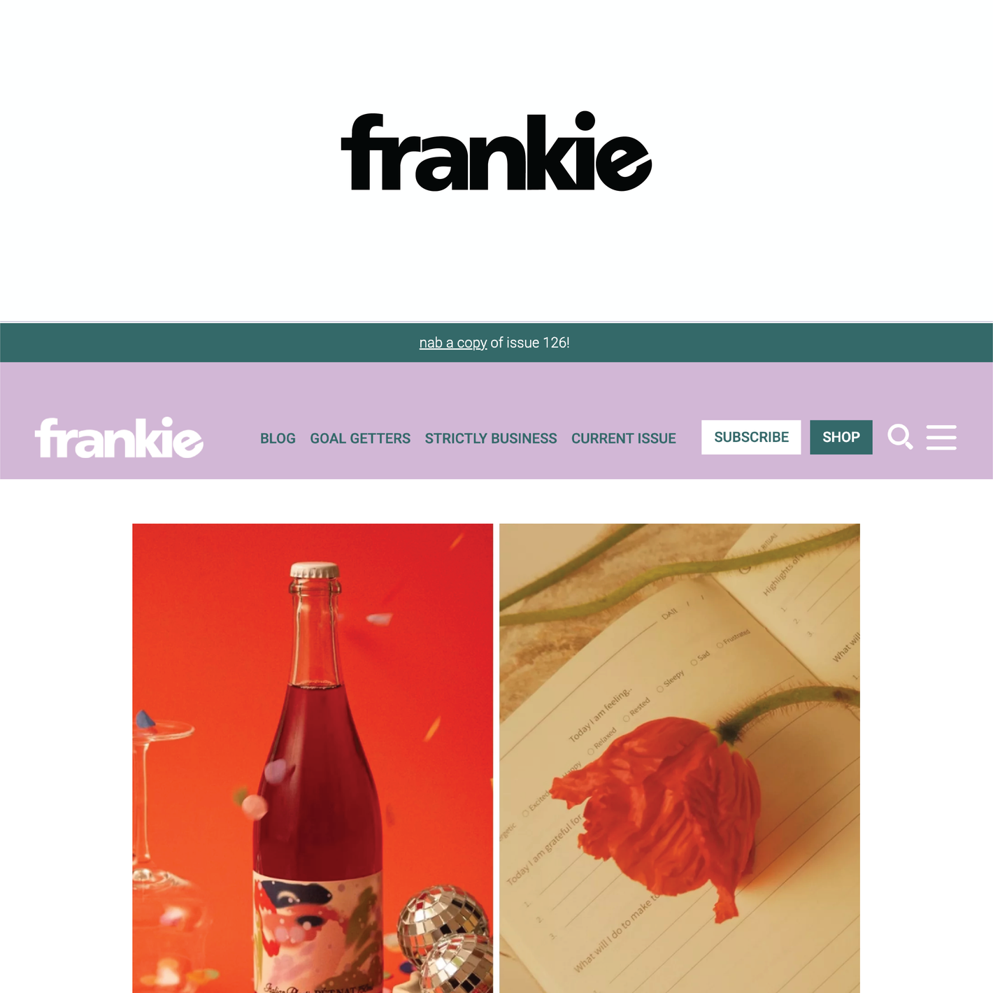 Website header of 'frankie' magazine with a bottle and flower image.