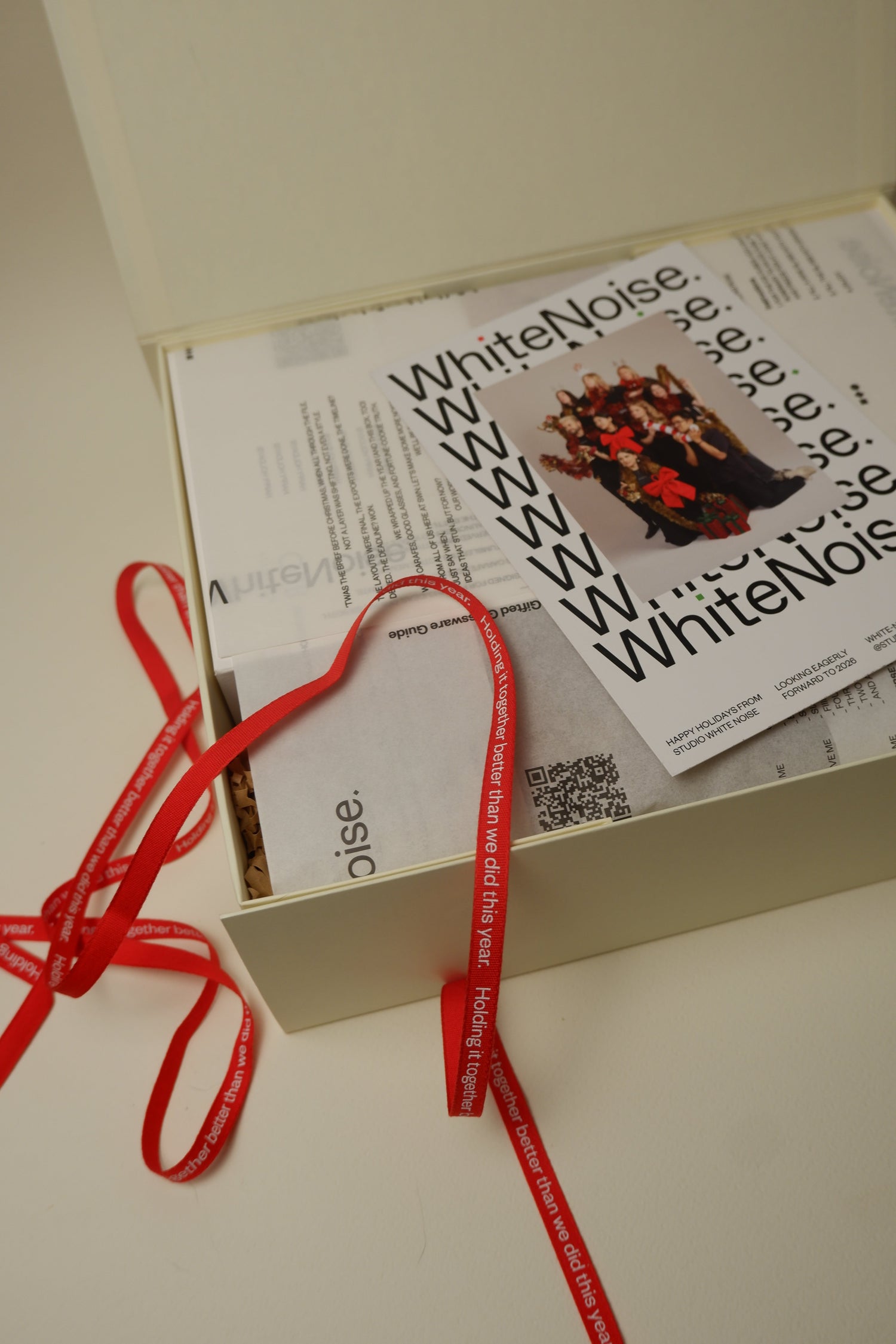 Gift box with a red ribbon and 'White Noise' on a white background