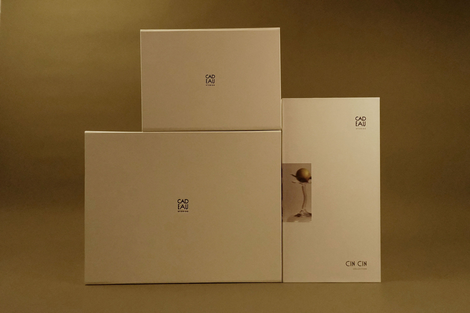 Three beige boxes with a logo on a brown background